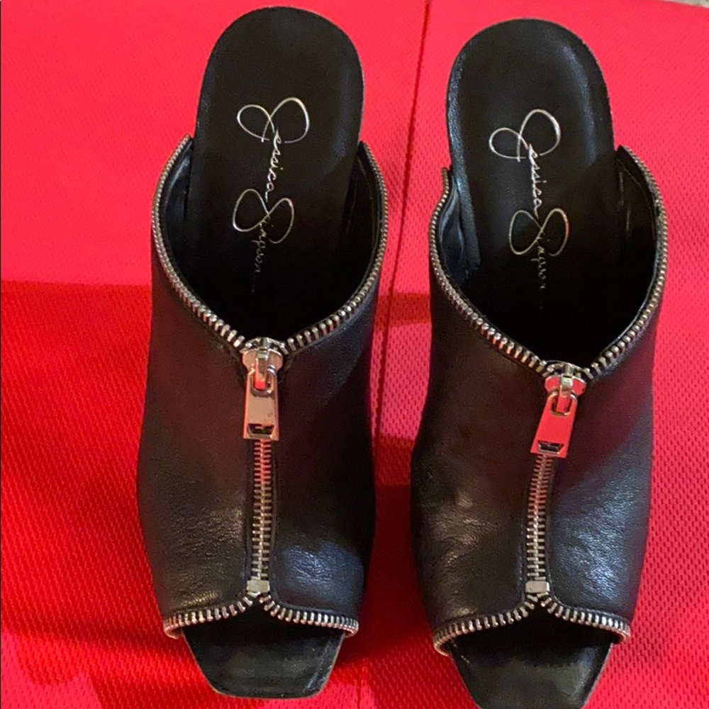 JESSICA SIMPSON JUNIE LEATHER HEEL MULES 7B